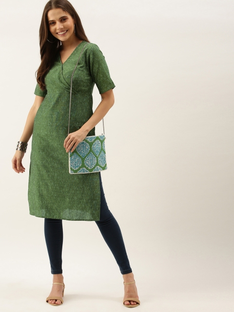 Taavi Women Green & White Ikat Woven Design Sustainable Straight Angrakha Kurta
Taavi Women Green & White Ikat Woven Design Sustainable Straight Angrakha Kurta
