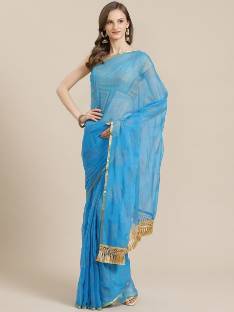 KALINI Turquoise Blue & Golden Poly Chiffon Embellished Saree