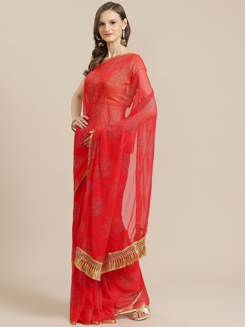 KALINI Coral Red & Golden Embellished Saree