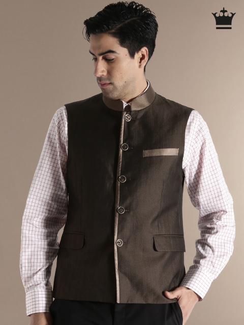 Louis Philippe Brown Woollen Ultra Fit Nehru Jacket