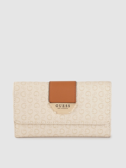 GUESS Women Light Beige & Tan Brown Brand Logo Textured Three Fold Wallet