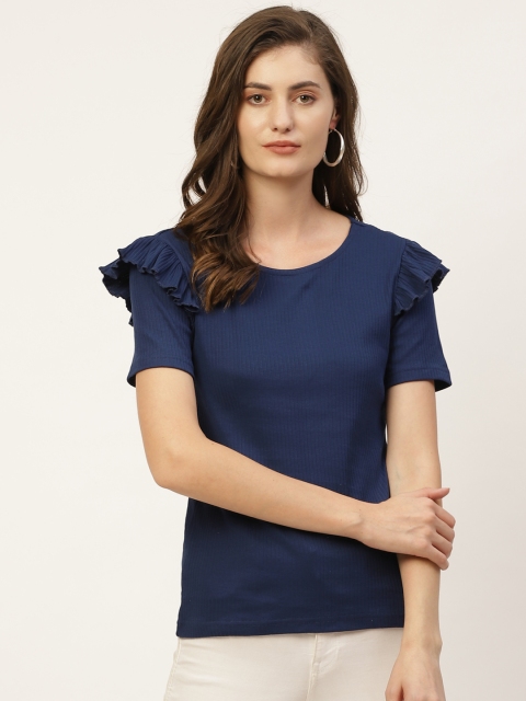 Moda Rapido Women Navy Blue Cotton Solid Ruffles Regular Top