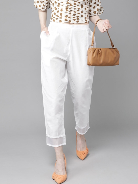 Indo Era Trendy White Parallel Solid Trousers