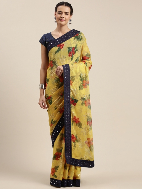 Mitera Yellow & Red Brasso Printed Saree with Mirror Work