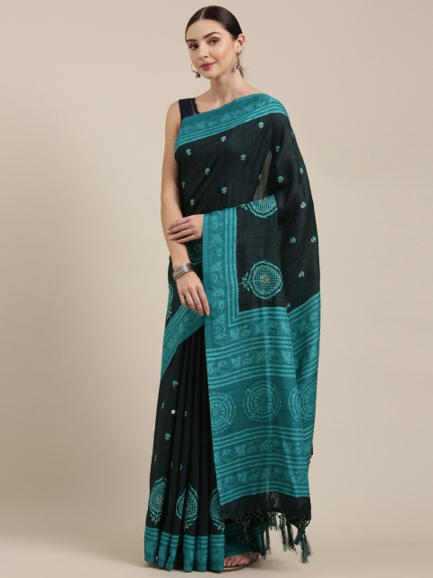 Soch Black & Blue Silk Blend Embroidered Tussar Saree