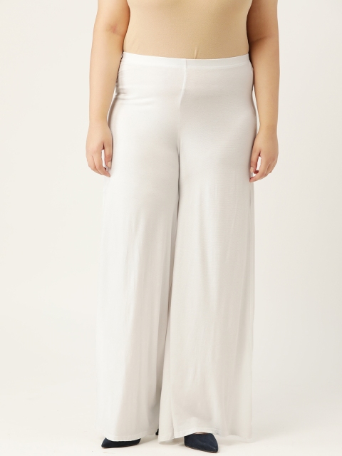 Revolution Plus Size Women White Solid Stretchable Relaxed Fit High-Rise Parallel Trousers