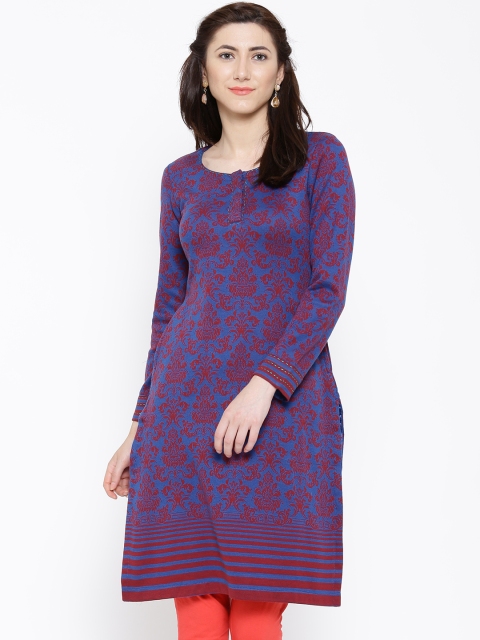 BIBA Blue & Maroon Patterned Winter Kurta
