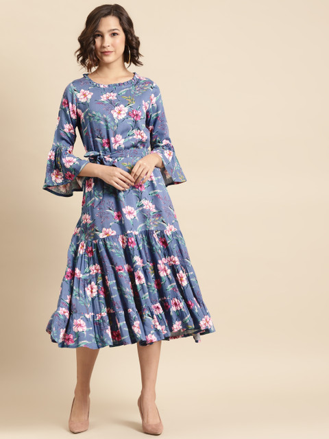 Prakrti Women Blue & Pink Floral Sustainable Tiered Midi Fit & Flare Dress & Belt
Prakrti Women Blue & Pink Floral Sustainable Tiered Midi Fit & Flare Dress & Belt