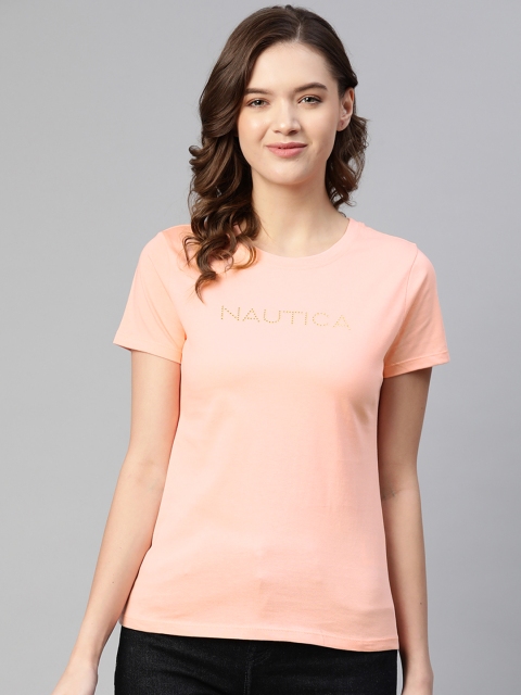 Nautica Women Pink Brand Logo Printed Pure Cotton T-shirt