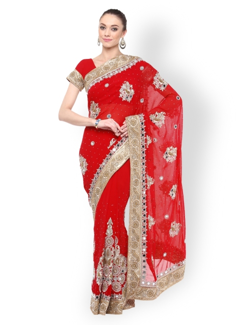 Triveni Red Embroidered Poly Georgette Embellished Saree