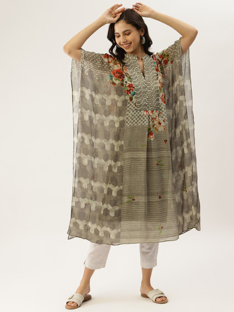 Ritu Kumar Women Grey & Off White Striped Extended Sleeves Floral Kaftan Kurta & Camisole
Ritu Kumar Women Grey & Off White Striped Extended Sleeves Floral Kaftan Kurta & Camisole