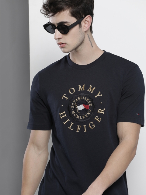 Tommy Hilfiger Men Navy Blue & Yellow Printed T-shirt