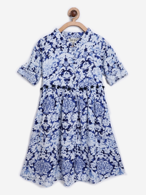 Bella Moda Girls White & Navy Blue Ethnic Print Shirt Dress with Tie-Up & Pom-Pom Detail