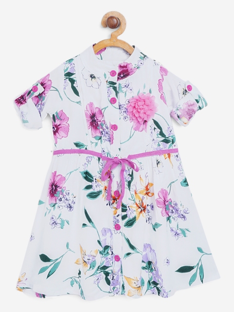 Bella Moda Girls White & Pink Floral Shirt Dress with Tie-Ups & Applique Detail