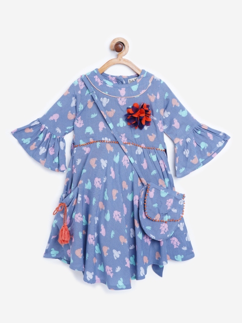 Bella Moda Girls Blue & Peach-Coloured Printed Fit & Flare Dress with Sling Bag