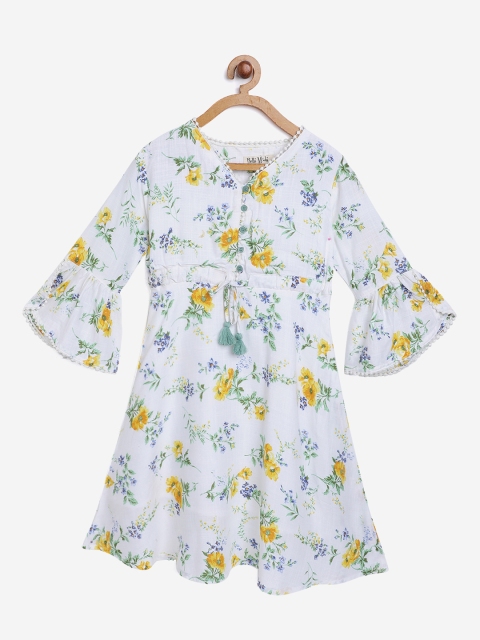 Bella Moda Girls White & Green Floral Printed Fit & Flare Dress