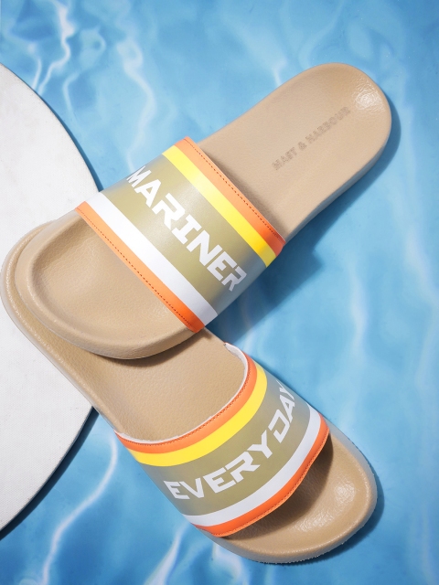 Mast & Harbour Men Beige & White Printed Sliders