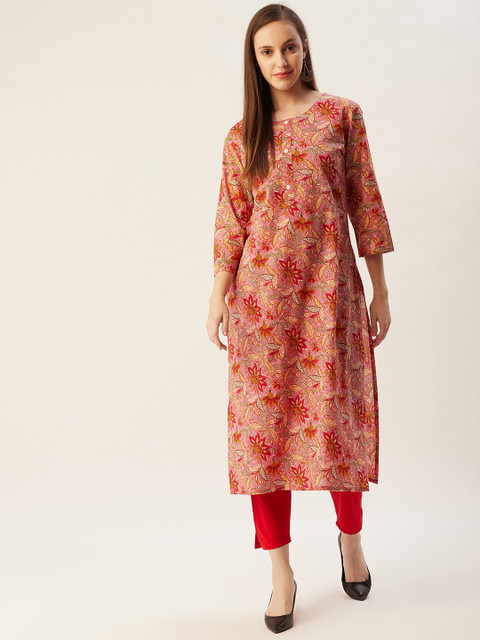 FASHOR Women Pink & Red Ethnic Motifs Printed Pure Cotton Kurta 
FASHOR Women Pink & Red Ethnic Motifs Printed Pure Cotton Kurta