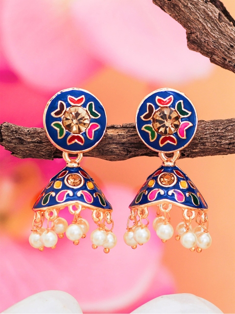 aadita Blue & Multi Coloured Meenakari Pearl Jhumkas, Gold