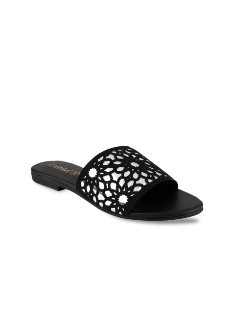 CHINI C Women Silver-Toned Textured Open Toe Flats
