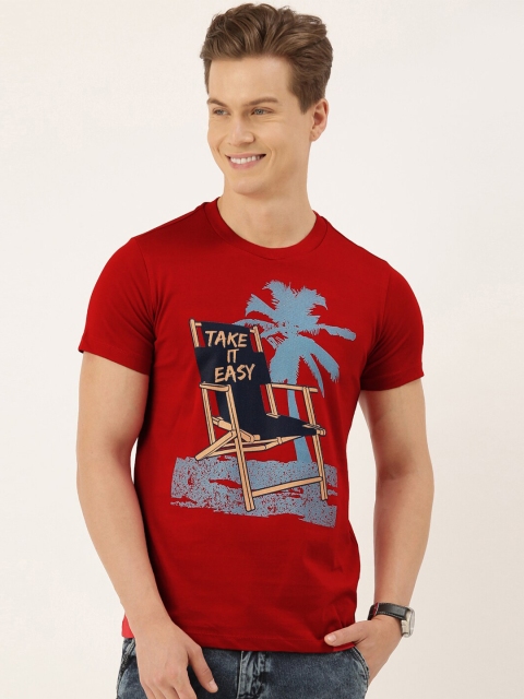 QUANCIOUS Men Red Solid Round Neck T-shirt