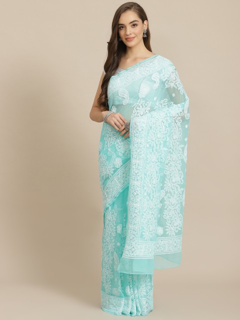 ADA Women Sea Green & White Poly Georgette Chikankari Embroidered Saree