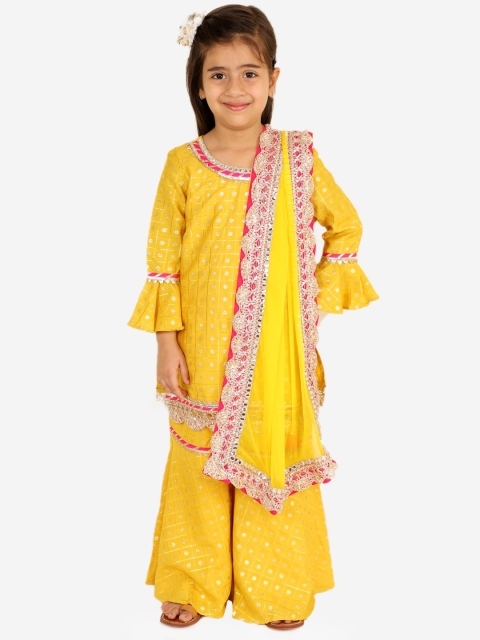 Lil Peacock Girls Yellow Gotta Patti Kurta with Sharara & Dupatta