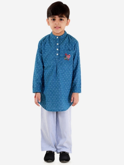 Lil Peacock Boys Blue Ethnic Motifs Printed Pure Cotton Kurta with Pyjamas