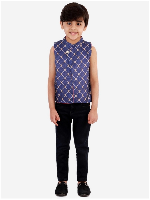 Lil Peacock Boys Blue Woven Design Nehru Jacket
