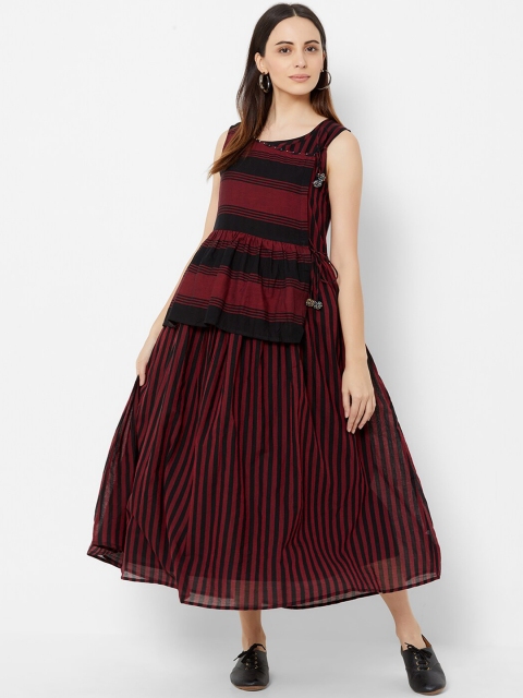 ZOLA Women Maroon Striped Fit and Flare Dress