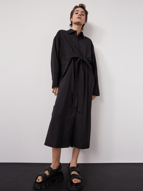 H&M Women Black Solid Tie-Front Shirt Dress