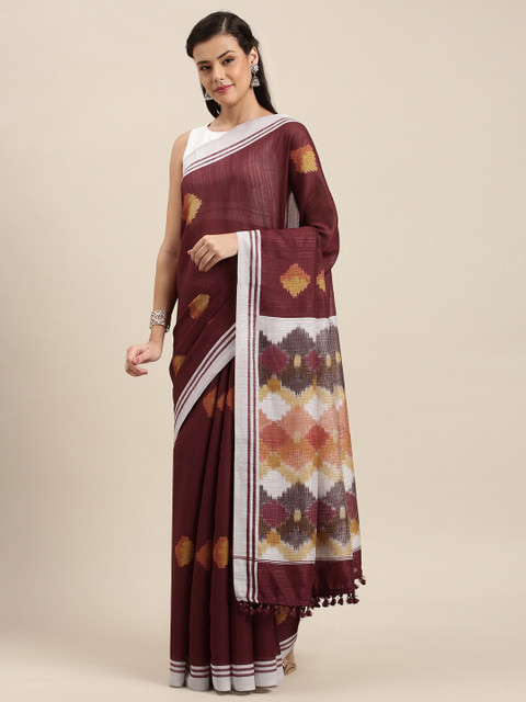 aamna Maroon & Yellow Linen Blend Printed Pochampally Saree
aamna Maroon & Yellow Linen Blend Printed Pochampally Saree