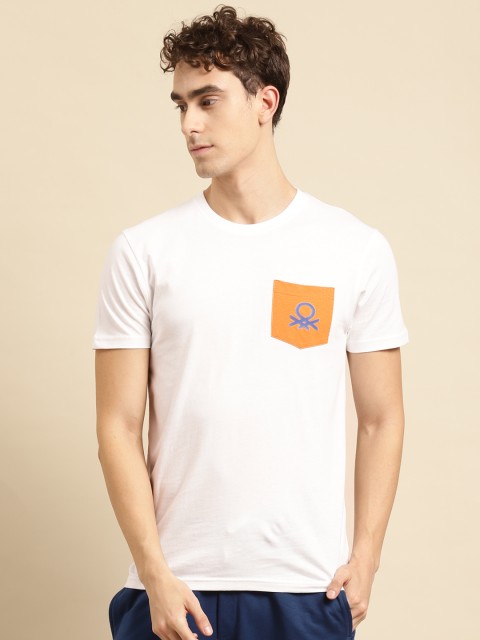 United Colors of Benetton Men White Solid Pure Cotton T-shirt
