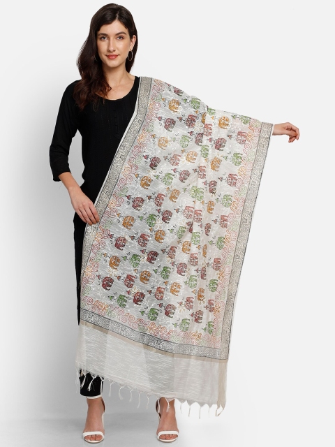 amraoo Off-White & Green Printed Dupatta
