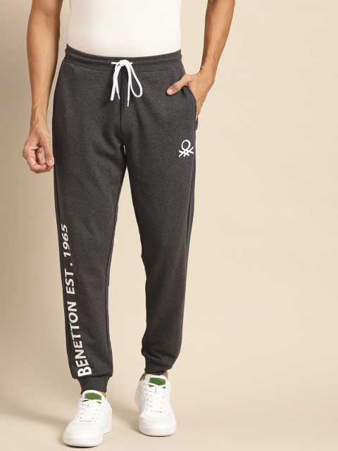 United Colors of Benetton Men Charcoal Grey Solid Joggers With Printed Detail