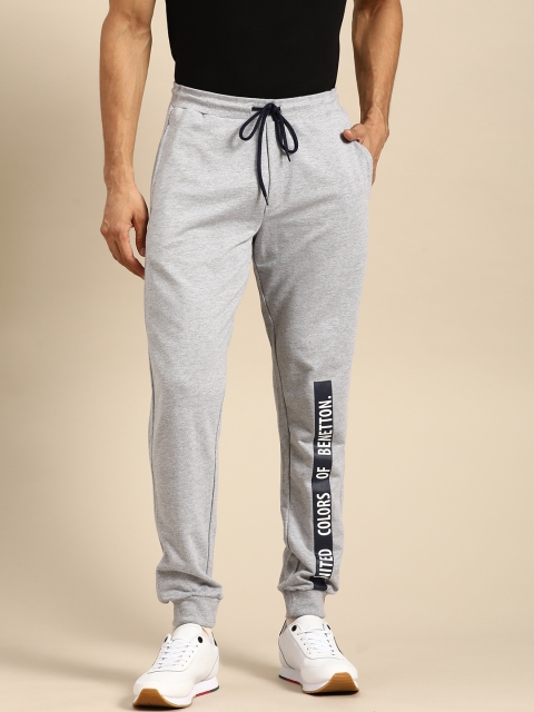 United Colors of Benetton Men Grey Melange Solid Pure Cotton Joggers With Printed Detail