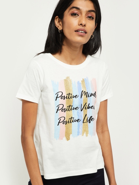 max Women White Printed Round Neck T-shirt