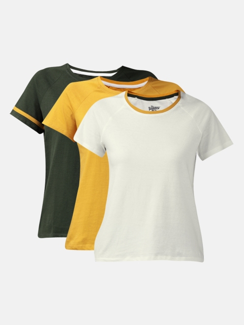Roadster Women Pack of 3 Multicoloured Pure Cotton T-shirt, Multi