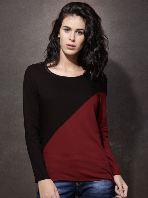 Roadster Maroon & Black Colourblock Top