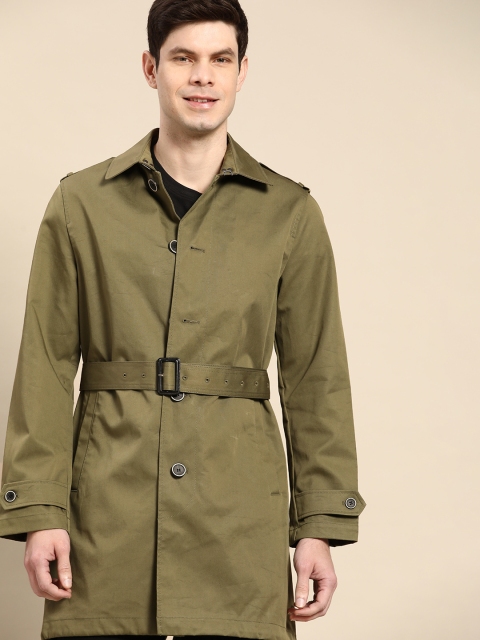 United Colors of Benetton Men Olive Green Solid Open Front Jacket with Belt