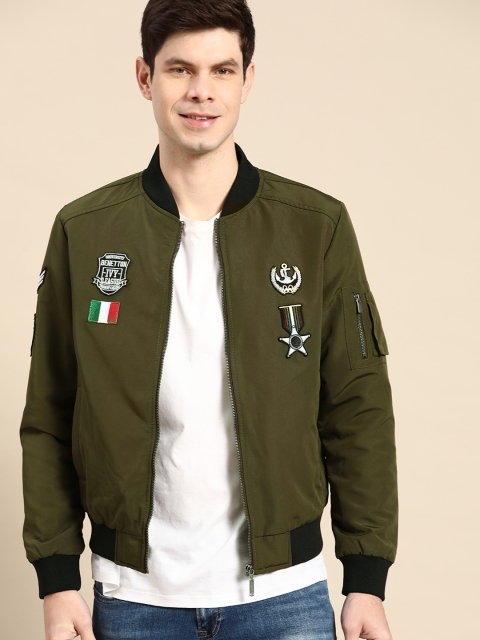 United Colors of Benetton Men Olive Green Solid Applique Bomber Jacket