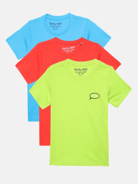 Miss Chief Boys Pack of 3 Typography Printed Pure Cotton T-shirt, Lime green