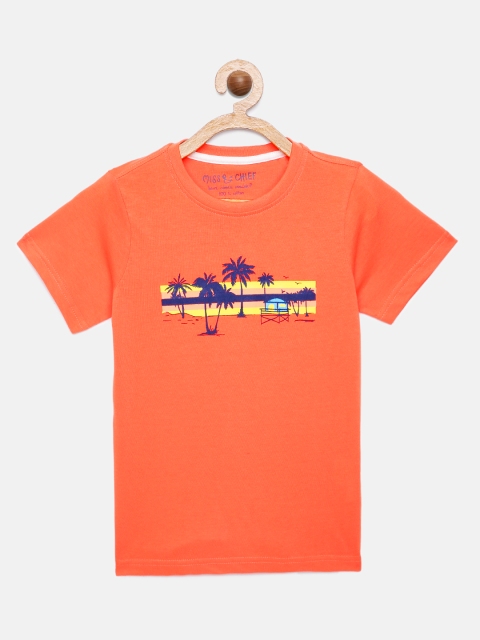 Miss Chief Boys Orange Printed Pure Cotton T-shirt