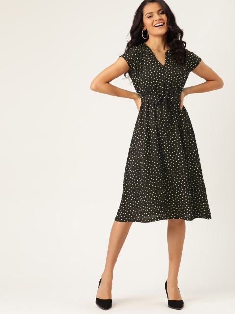 DressBerry Black & Green Polka Dot Printed Midi A-Line Dress