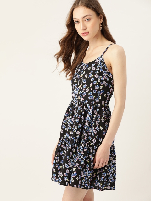DressBerry Black & Blue Floral A-Line Dress