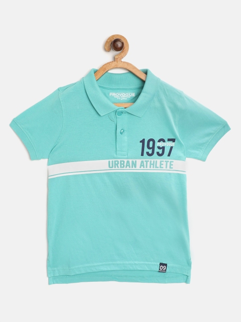 Provogue Boys Turquoise Blue Cotton Typography Printed Polo Collar T-shirt