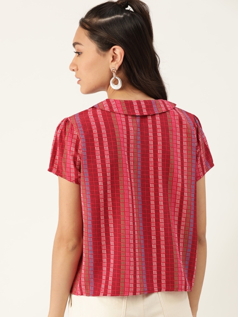 DressBerry Red & White Geometric Boxy Top