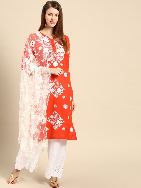 Saadgi Women Orange & White Handloom Chikankari Cotton Kurta with Palazzos & Dupatta
Saadgi Women Orange & White Handloom Chikankari Cotton Kurta with Palazzos & Dupatta