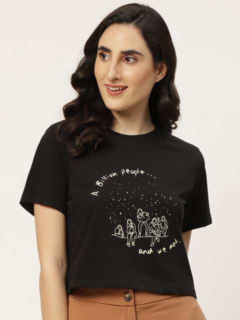 TRENDYOL COLLECTION Women Black & Off-White Cotton Printed Cropped Round Neck T-shirt
TRENDYOL COLLECTION Women Black & Off-White Cotton Printed Cropped Round Neck T-shirt