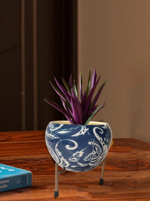 nestroots Blue & White Hand-Painted Decorative Planter Pot With Stand
